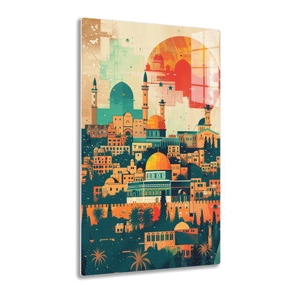 A vibrant illustration depicting a Middle Eastern city skyline with iconic architectural landmarks like mosques, minarets, domes, and palm trees blending warm colors and intricate details in an artistic abstract style.
