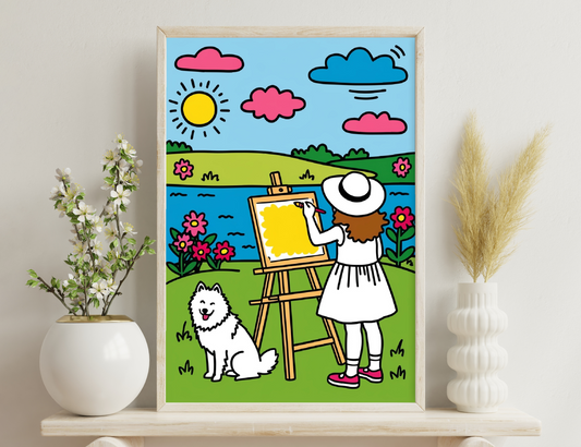 A girl wearing a sun hat and white dress is painting a landscape scene on a canvas outdoors, accompanied by her white fluffy dog, with a bright sun, colorful clouds, flowers, and a river in the background.
