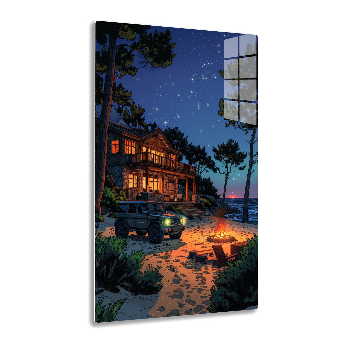 A cozy wooden cabin by the beach under a starry night sky, with a vintage SUV parked next to a campfire on the sandy shore surrounded by pine trees.
