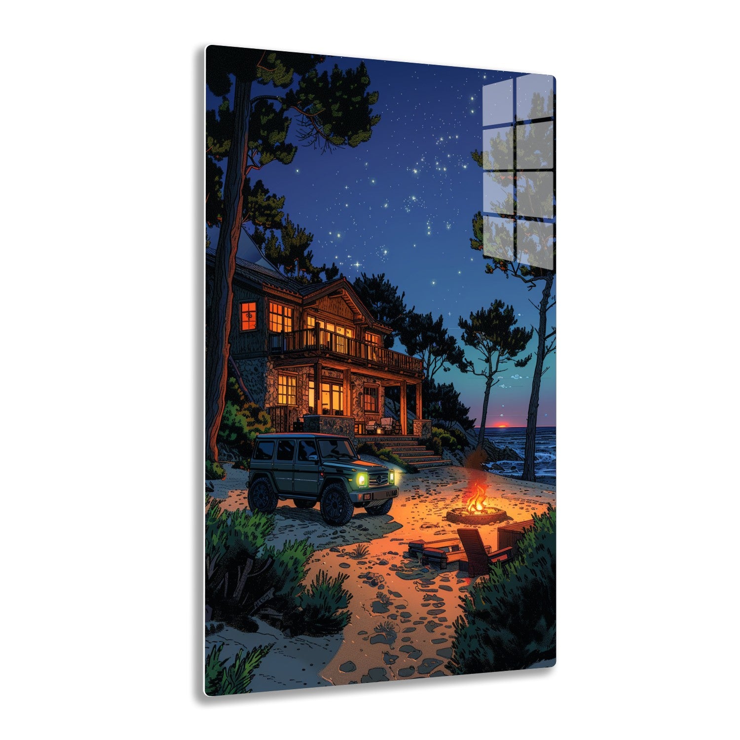 A cozy wooden cabin by the beach under a starry night sky, with a vintage SUV parked next to a campfire on the sandy shore surrounded by pine trees.
