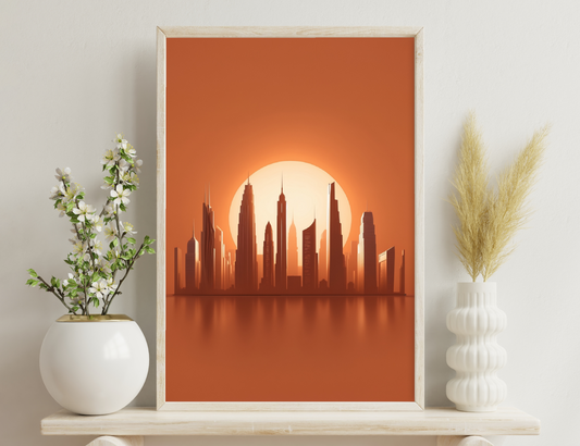 A stylized skyline silhouette of skyscrapers against an orange sunset sky, with a large sun forming a circular frame around the tallest central tower.
