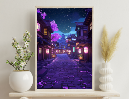 A picturesque nighttime scene of a traditional Japanese village street lined with wooden houses, glowing lanterns and cherry blossoms, under a starry sky.
