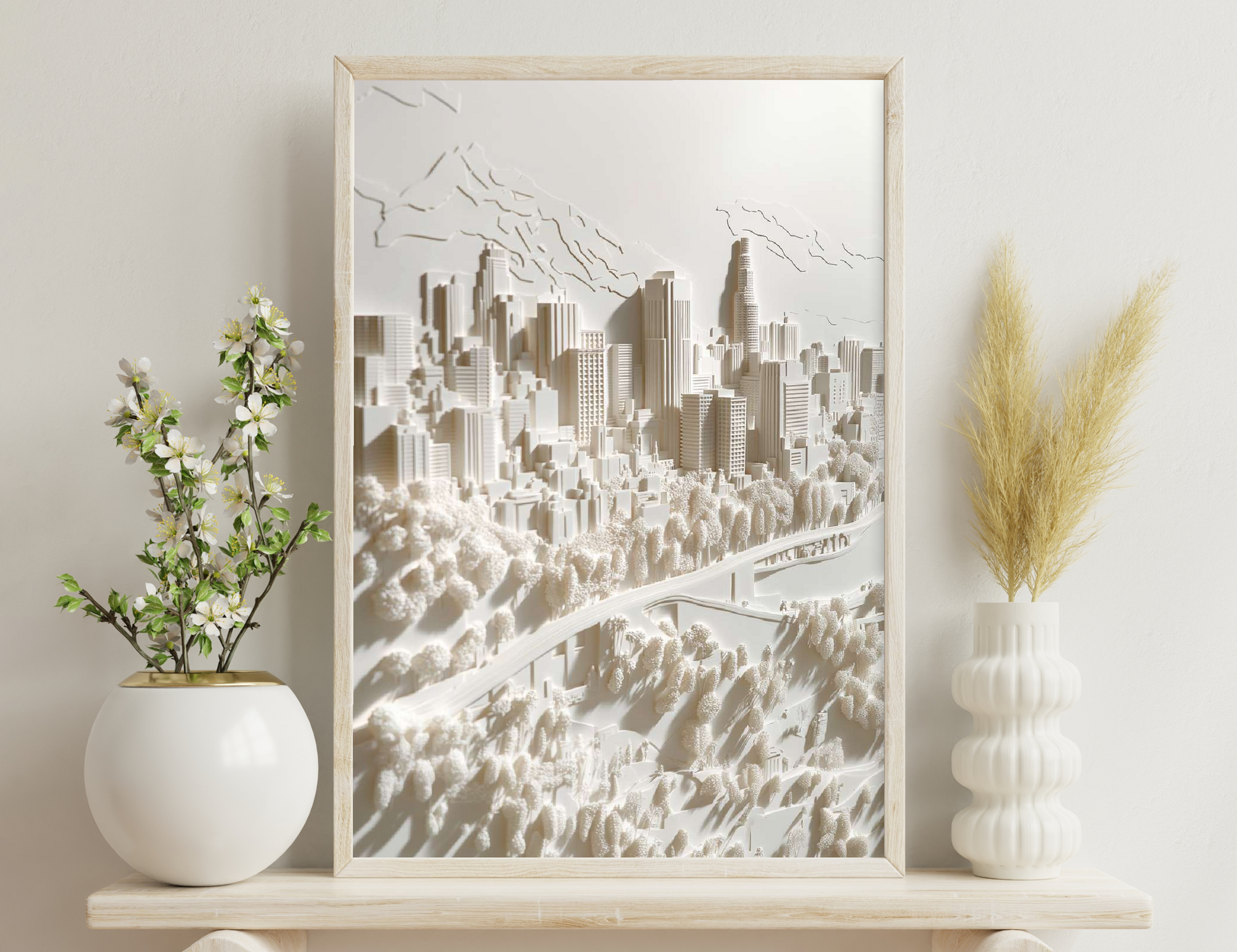 A highly detailed cityscape sculpture made of paper, depicting towering skyscrapers emerging from a sea of intricately cut trees and structures, rendered in shades of white and beige.
