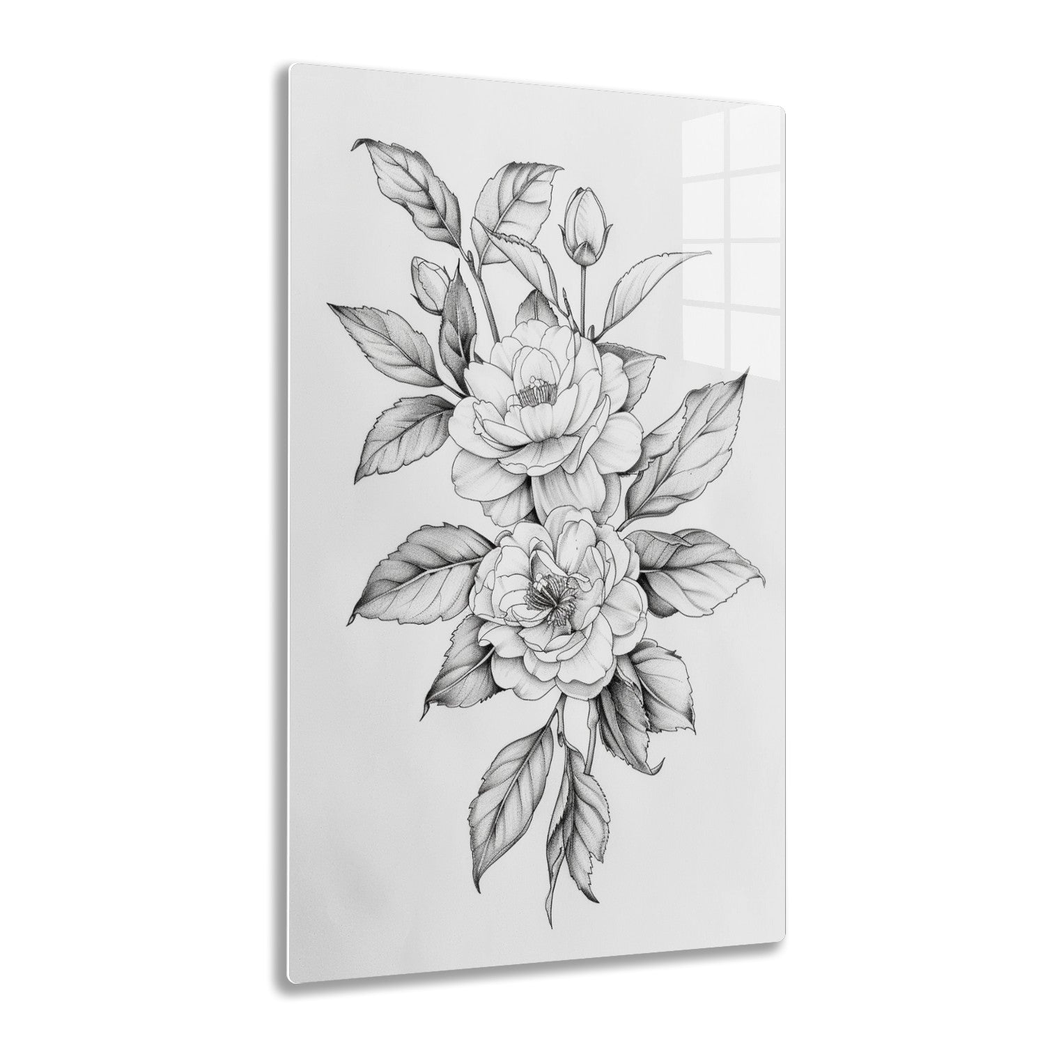 A pencil sketch of an elegant floral arrangement featuring two large blooming flowers surrounded by detailed leaves and buds.
