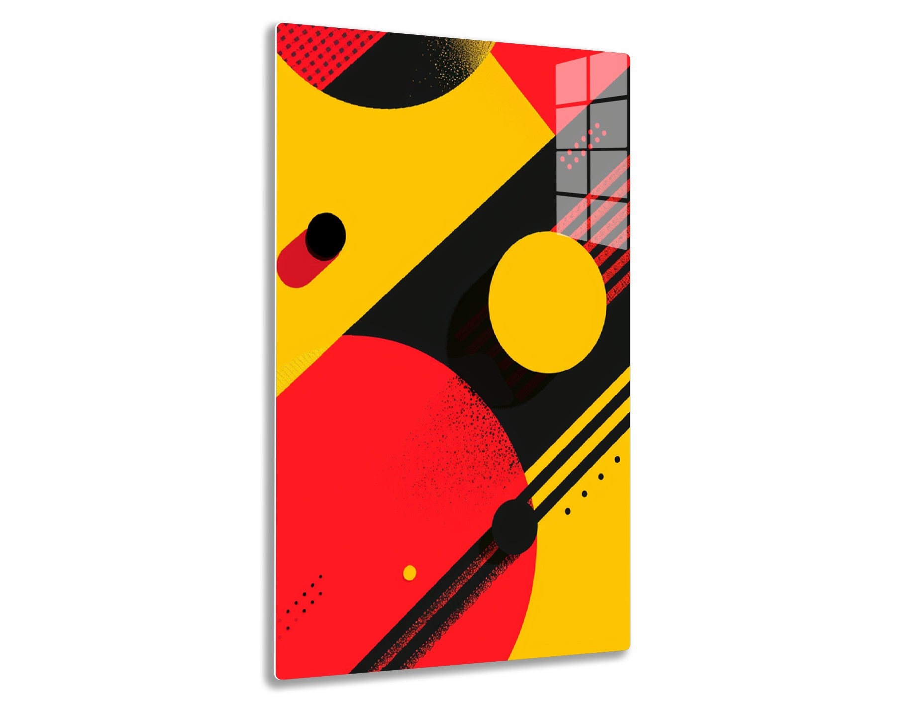 Abstract geometric design with bold red, yellow and black shapes and patterns, including circles, dots, and diagonal lines, creating a dynamic and stylized composition.
