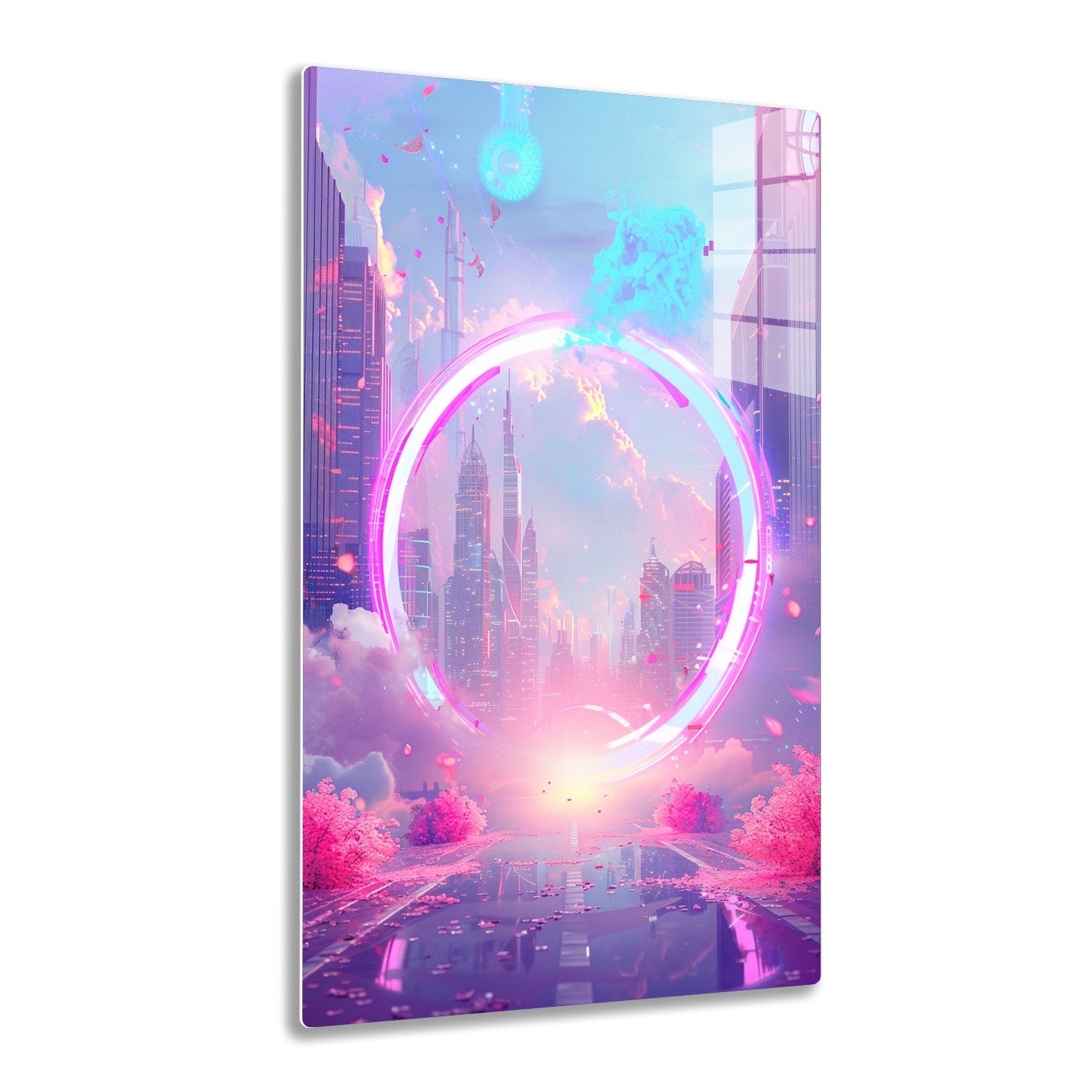 A surreal city skyline with futuristic skyscrapers, a large glowing circular portal, and floating musical notes against pastel pink and blue hues, creating a dreamlike, imaginative atmosphere.
