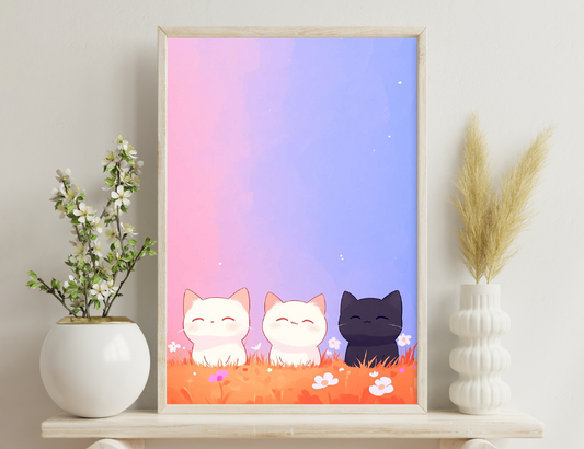 Three cute cartoon cats, two white and one black, sit peacefully in a field of flowers against a pastel pink and blue sky with twinkling stars.
