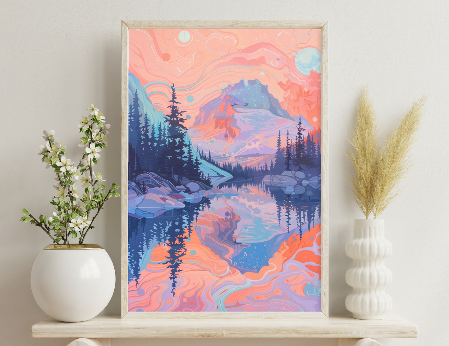 A vibrant landscape illustration featuring a mountainous scenery reflected in a tranquil lake, surrounded by pine trees, with swirling clouds in shades of peach, blue, and purple creating a dream-like atmosphere.
