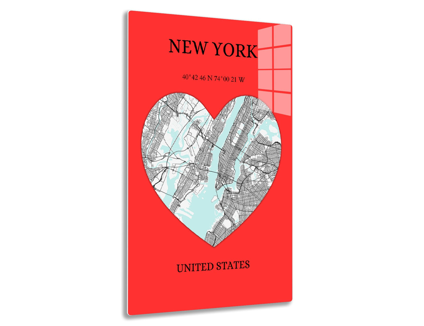 New York city map in the shape of a heart with roads and streets depicted in black and water bodies in blue on a red background, along with geographic coordinates and text "UNITED STATES" below.
