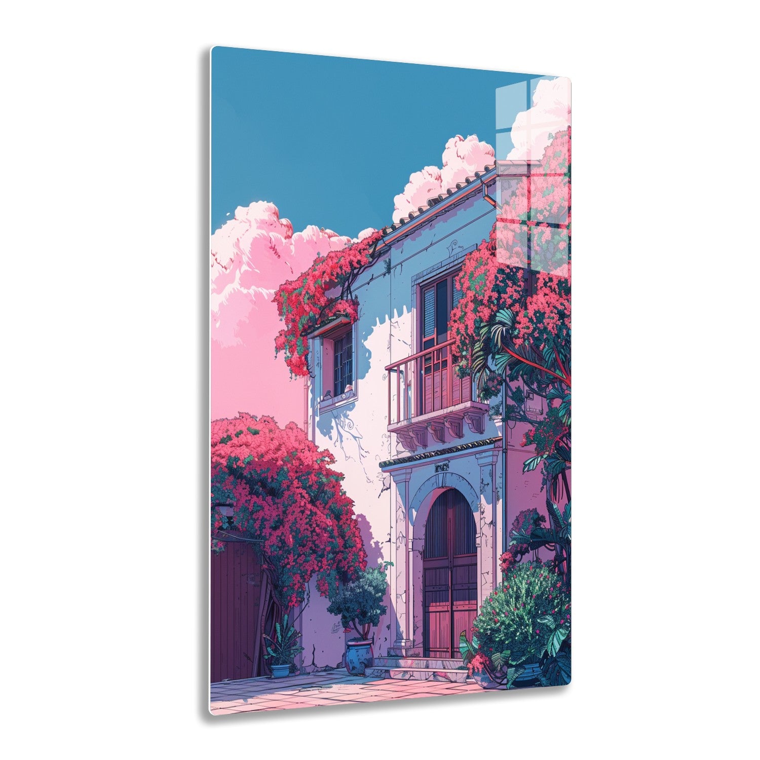 A vibrant illustration of a Mediterranean-style building with arched entrances and balconies adorned with lush, pink bougainvillea flowers against a blue sky with fluffy pink clouds.
