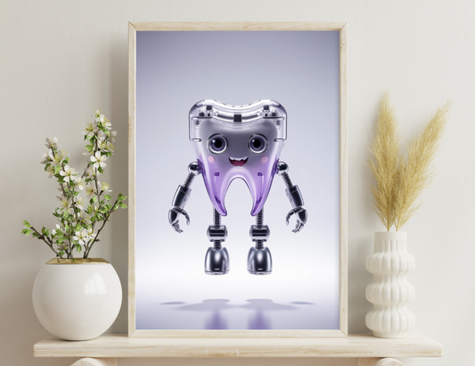 A smiling, cartoonish robot with a transparent purple body, large eyes, and metallic arms and legs standing on a plain background.
