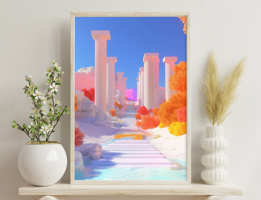 A surreal landscape with ancient Greek columns standing tall against a vibrant, colorful sky and clouds, leading to a reflective body of water through a stairway path.
