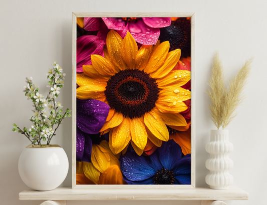 Vibrant close-up of sunflower and other colorful flowers covered in dewdrops, showcasing rich yellow, orange, pink, purple, and blue hues.
