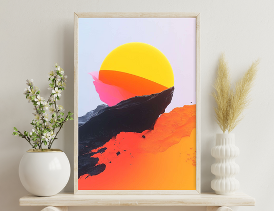 Abstract geometric landscape illustration, featuring a bright yellow sun setting or rising over undulating black and orange shapes resembling mountains against a pink and orange sky.
