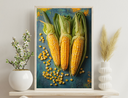 Three fresh corn on the cob with bright yellow kernels peeking out from green husks, surrounded by scattered loose corn kernels on a vibrant teal surface.
