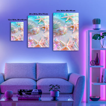 Colorful starfish, seashells, palm fronds, and bubbles arranged artistically on a vibrant blue background with sparkling accents, evoking a whimsical undersea scene.
