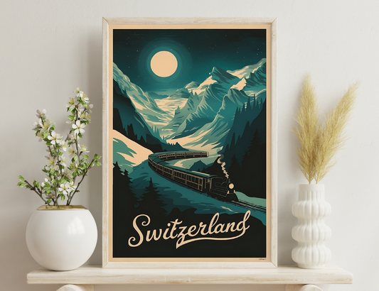 A vintage travel poster depicting a train winding through snowy Swiss mountains at night under a large full moon, with the text "Switzerland" at the bottom.
