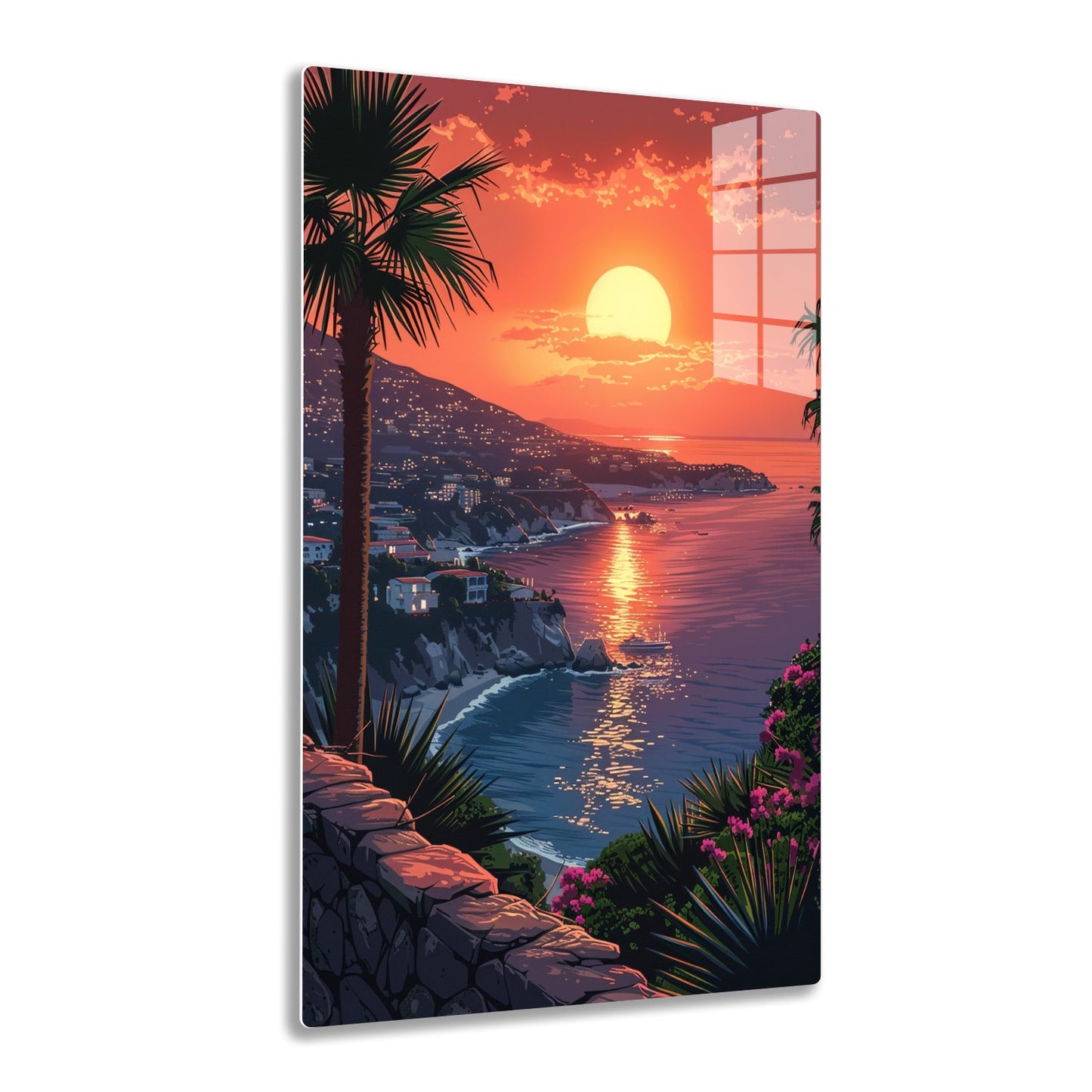 A stunning sunset landscape featuring a coastal town with palm trees in the foreground, a large sun dipping into the ocean, mountains dotted with city lights in the background, and vibrant colors reflecting off the rippling water.
