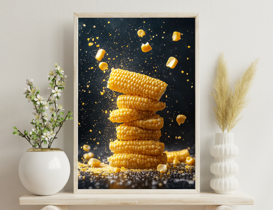 Stacked golden corn cobs surrounded by flying corn kernels against a dark background.
