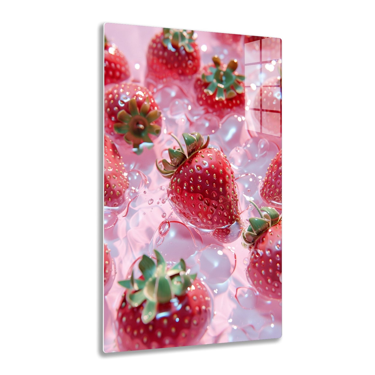 Ripe, juicy strawberries covered in water droplets with green leaves on a pink background, creating a vibrant and refreshing close-up image.
