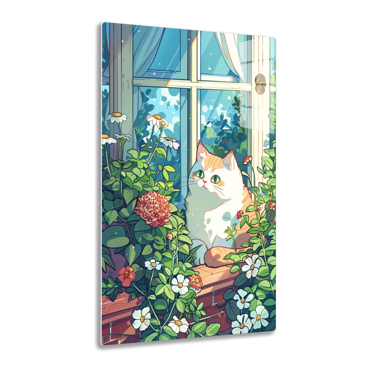 A cozy indoor garden setting with a curious cat peering through the window, surrounded by lush greenery, blooming flowers, and a vintage window frame with frosted glass panes.
