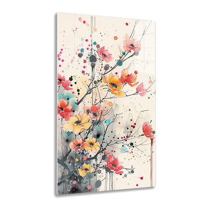 Abstract floral composition with vibrant red, pink, orange and yellow blossoms against splatters and drippings in shades of gray, teal and red on a white background.
