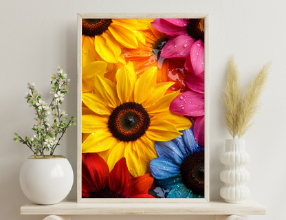 Vibrant close-up of sunflowers, pink, red and blue petals with water droplets, depicting the beauty and diversity of nature.
