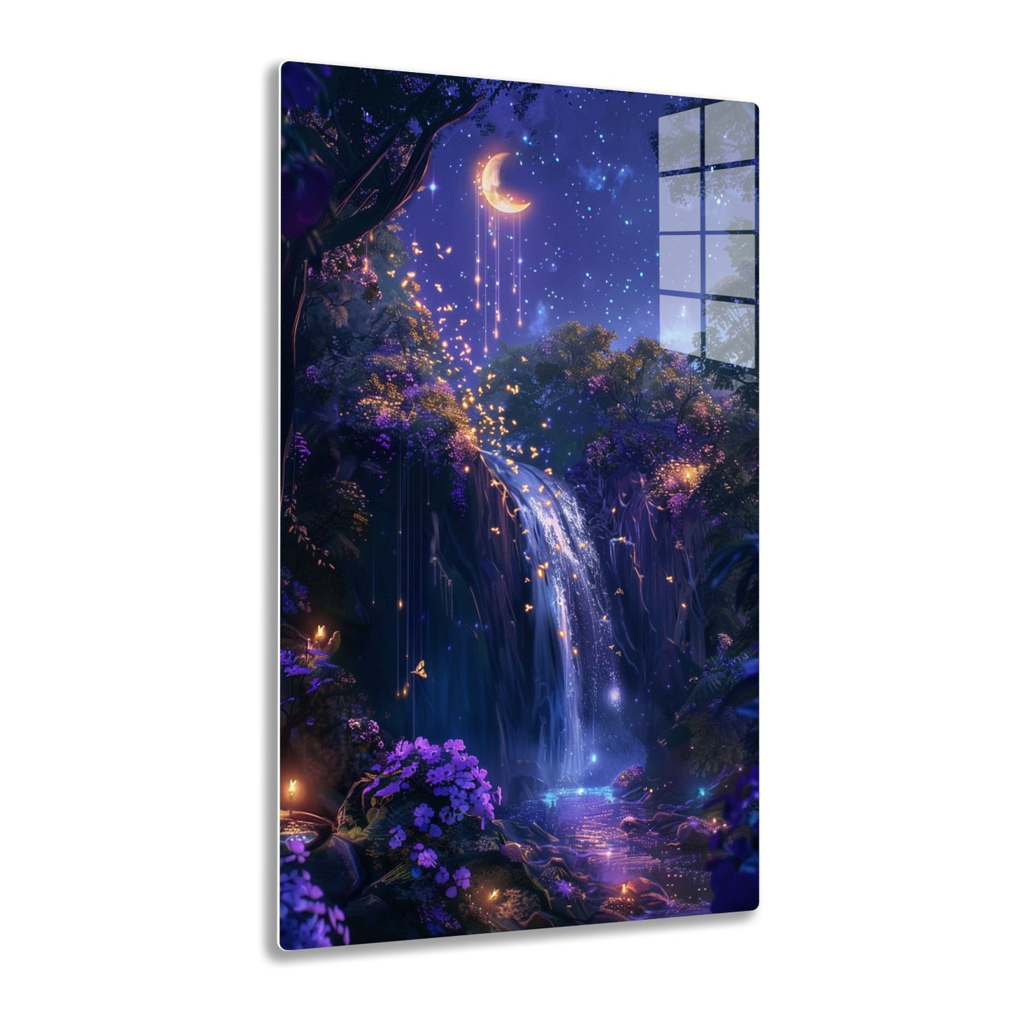 A mystical night scene with a glowing crescent moon hanging amidst twinkling stars over a lush, fairy-tale forest with a waterfall and luminous fireflies, creating an enchanting, dreamlike atmosphere.

Human
