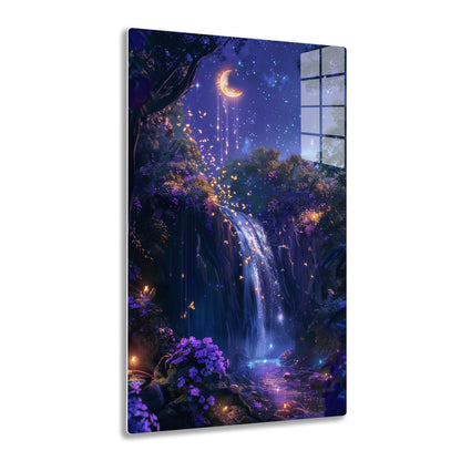 A mystical night scene with a glowing crescent moon hanging amidst twinkling stars over a lush, fairy-tale forest with a waterfall and luminous fireflies, creating an enchanting, dreamlike atmosphere.

Human
