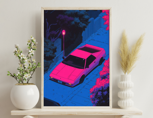 Hot pink sports car under a streetlight at night, set against a vibrant blue and purple backdrop with silhouetted trees.
