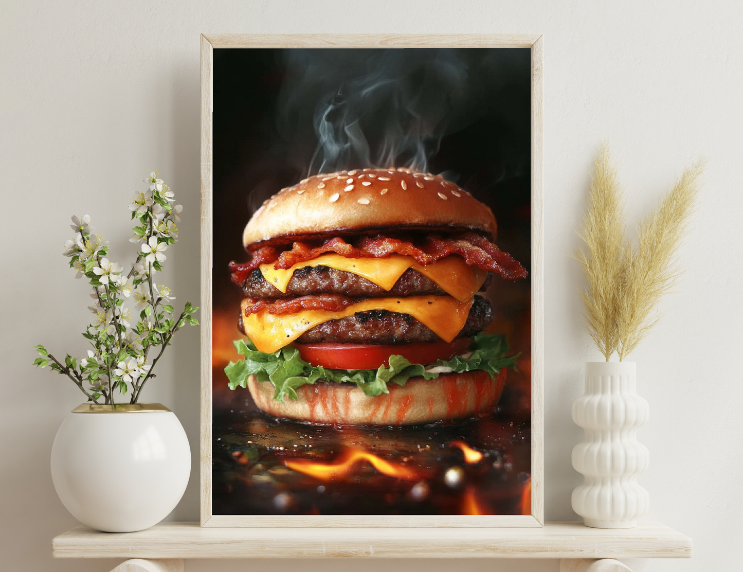 A savory double-decker burger with smoked beef patties, melted cheese, bacon, tomato, lettuce on a sesame seed bun, emitting aromatic smoke, set against a fiery background.
