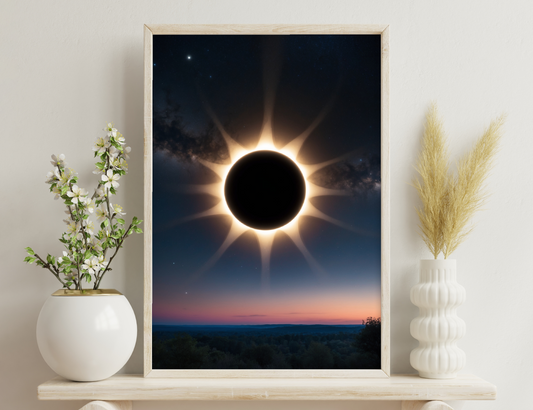 Total solar eclipse with sun's corona visible against dark sky with stars; horizon with colorful sunset in background.
