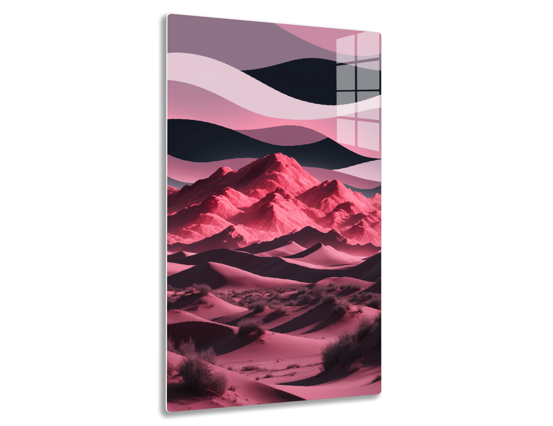 A surreal landscape featuring jagged red mountains against a backdrop of wavy pink and purple hills, with shadows creating an undulating pattern on the desert floor.
