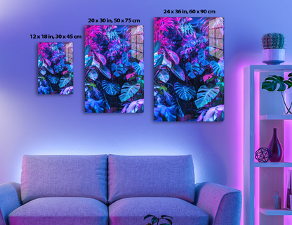 Vibrant image of lush tropical foliage in shades of pink, purple and blue, with large leaves emanating a neon glow against a dark background, creating a surreal and dreamlike atmosphere.
