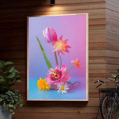 A vibrant arrangement of various flowers against a colorful background, featuring a large pink tulip, a red flower with spiky petals, a yellow daisy, a small white daisy, and a praying mantis perched among the
