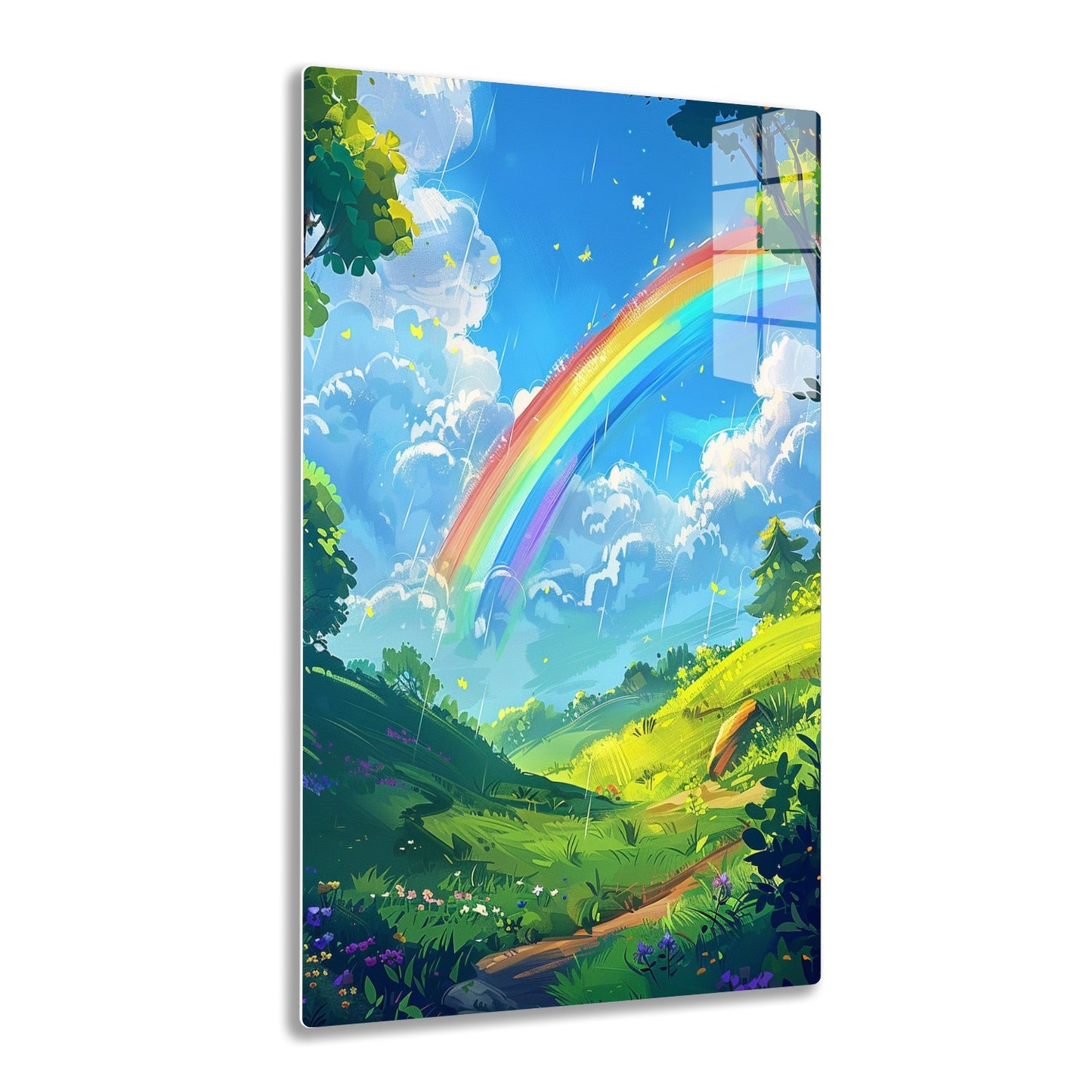 A vibrant landscape with a colorful rainbow arching over a lush green meadow filled with flowers, trees, and a winding path leading through the scenery under a partly cloudy blue sky.
