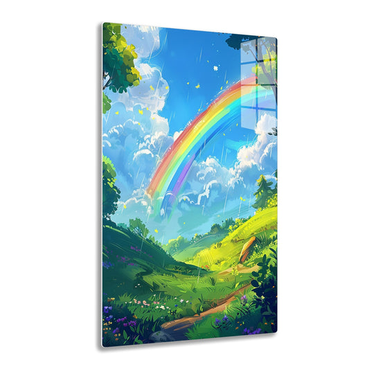 A vibrant landscape with a colorful rainbow arching over a lush green meadow filled with flowers, trees, and a winding path leading through the scenery under a partly cloudy blue sky.
