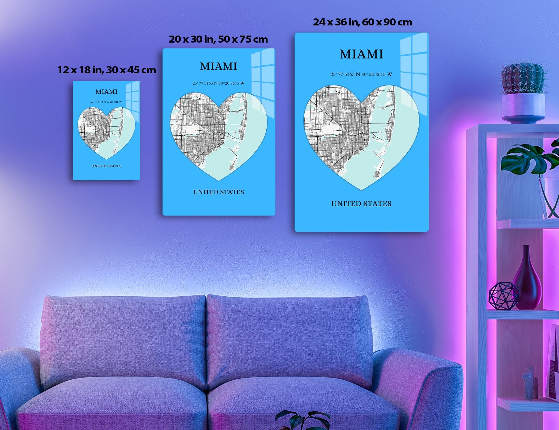 Map of Miami in the shape of a heart, showing the city streets in gray and surrounding coastal areas in blue, with text displaying the city's name, geographic coordinates, and country.
