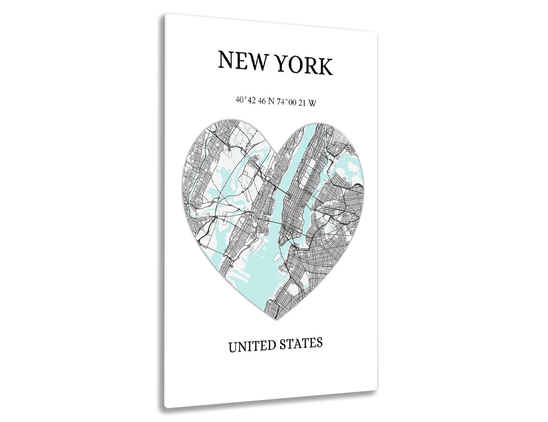 Map of New York City in a heart shape with streets and waterways in black outline on teal background, geographic coordinates shown
