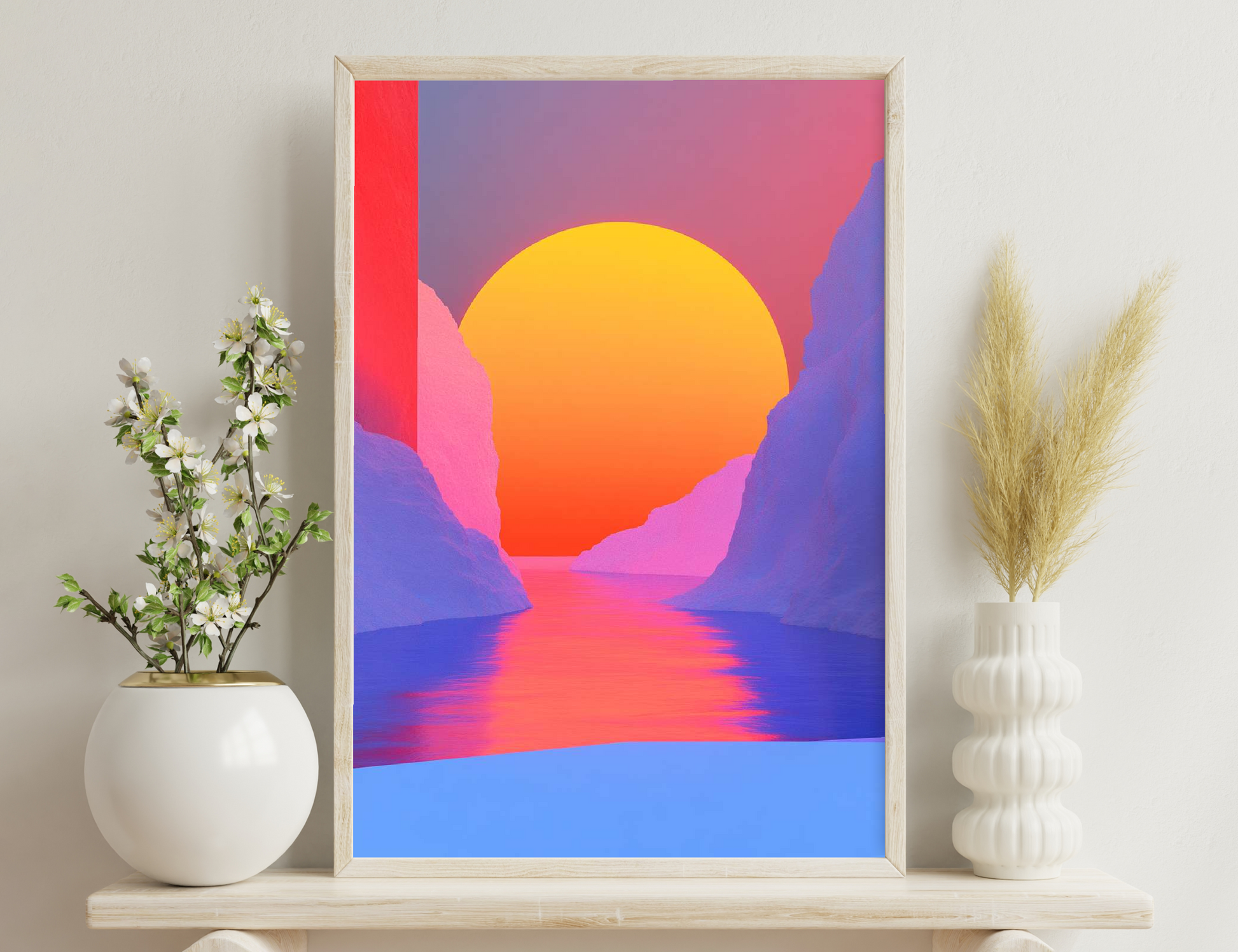 A bright sun setting behind abstract mountains creates a vibrant reflection on a still lake, with shades of red, orange, pink, purple, and blue filling the sky and water.
