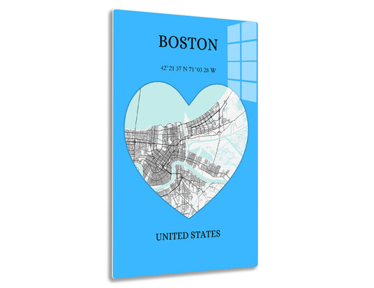 Boston city map in the shape of a heart, showing the street layout, surrounded by a light blue background with city name, coordinates, and country displayed.
