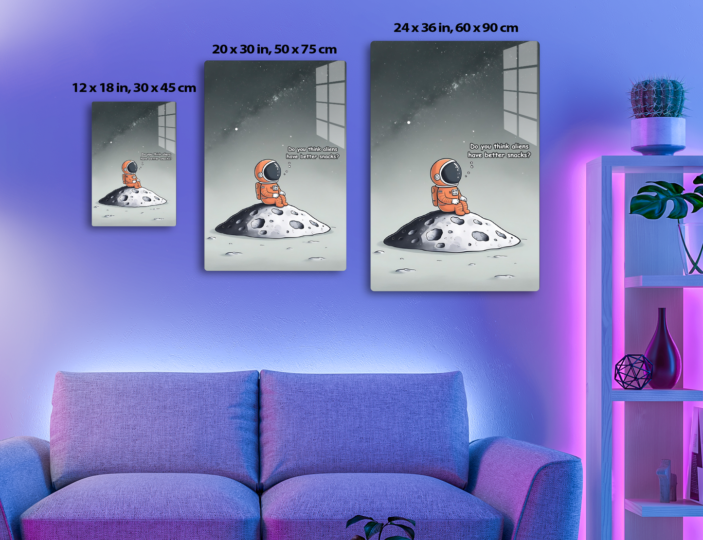 An astronaut sitting on a moon or asteroid, looking at the starry sky and wondering if aliens have better snacks, in a whimsical and imaginative illustration.
