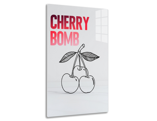 Cherry bomb graphic featuring the words "CHERRY BOMB" in bold red text above an illustration of two cherries with stems and leaves in black outline on a white background.
