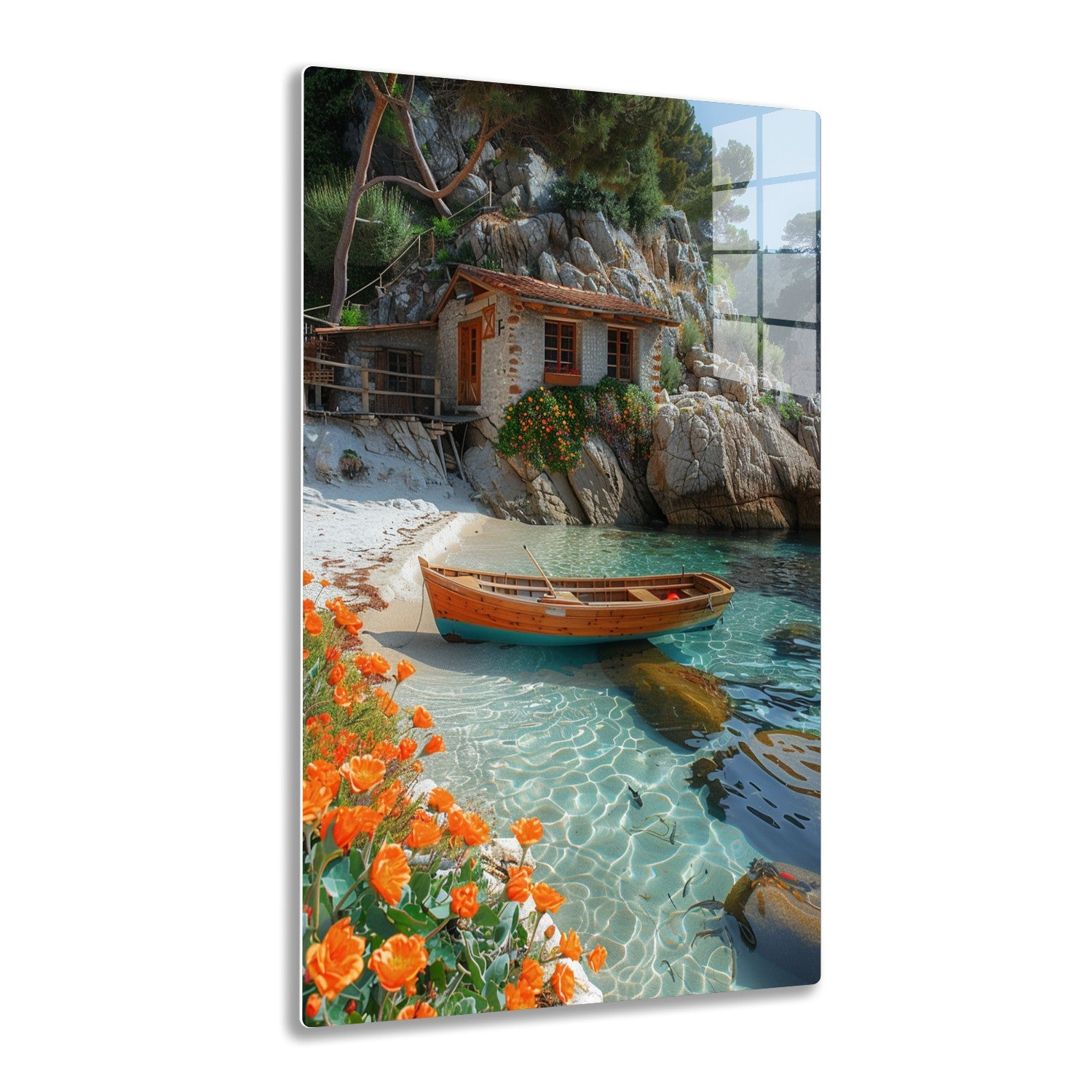 A picturesque coastal cabin nestled among rocks, with a small wooden boat floating in the crystal clear turquoise waters, surrounded by vibrant orange flowers and pine trees.
