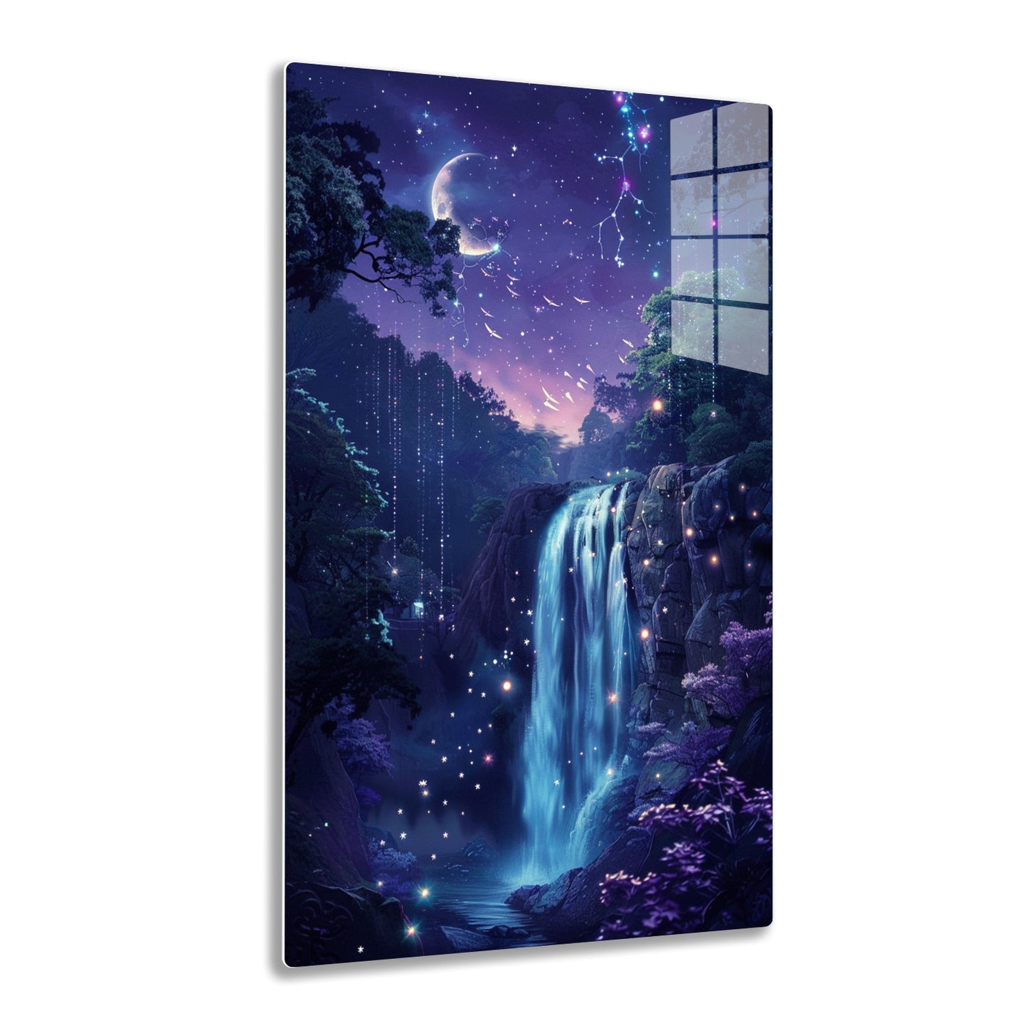 A magical celestial landscape with a crescent moon, twinkling stars forming constellations, a misty waterfall cascading down illuminated rocks, and fairy-light strings hanging from trees in a dreamy, fantasy forest scene.


