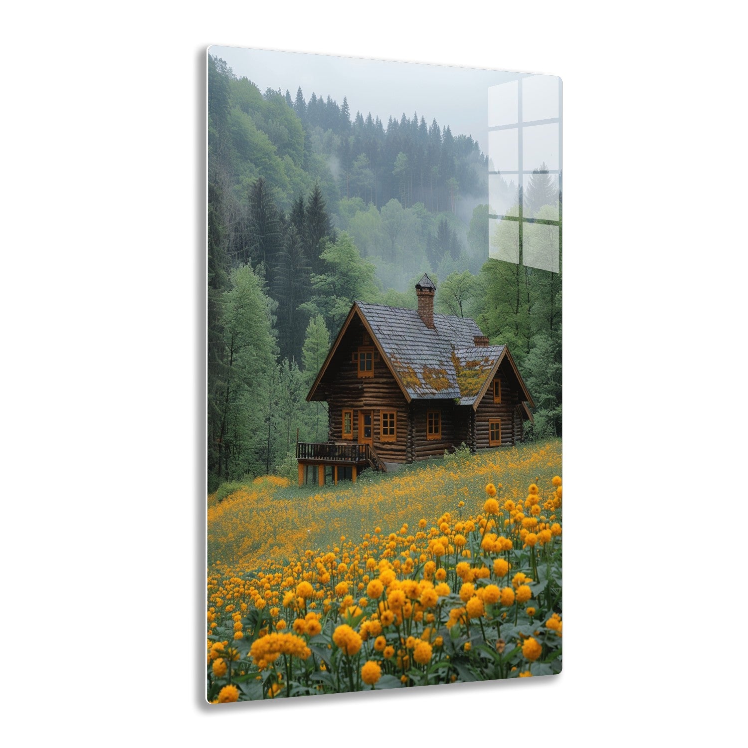 A rustic log cabin surrounded by a vibrant field of yellow flowers, nestled among lush green trees in a misty, mountainous landscape.
