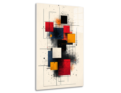 An abstract geometric composition with rectangles, lines, and splatters in shades of red, yellow, black, blue, and gray, creating a dynamic, industrial-style artwork.
