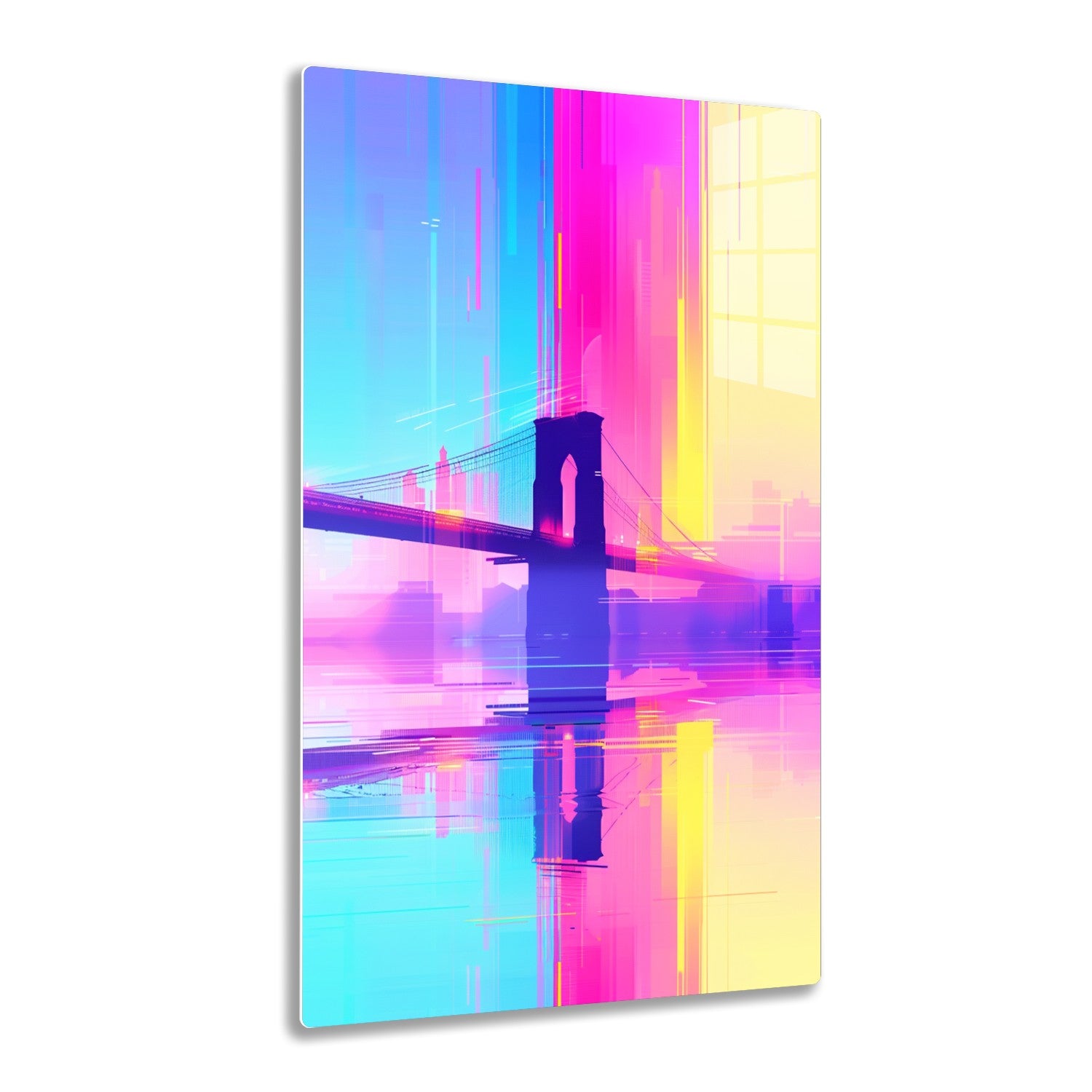 An abstract and vibrant digital artwork depicting the iconic Brooklyn Bridge against a colorful backdrop of blue, pink, and yellow hues, with the bridge's distinct arched silhouette reflected in the water below.
