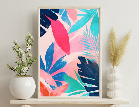 Vibrant abstract illustration with bold pink, blue, turquoise, and navy shapes resembling tropical leaves and plants against a pastel pink background.
