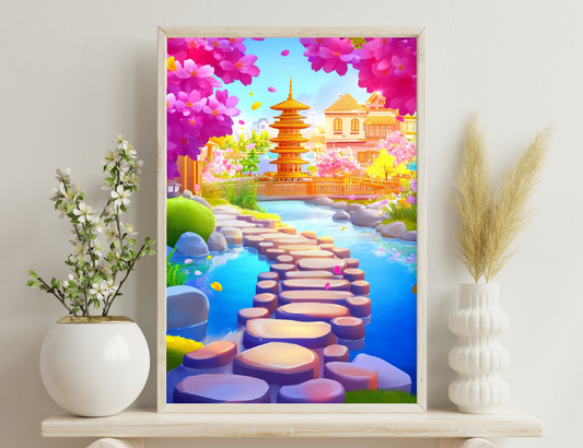 A vibrant spring landscape featuring a majestic golden pagoda, surrounded by cherry blossoms, a serene pond with stepping stones leading across, and traditional Japanese-style buildings in the background.
